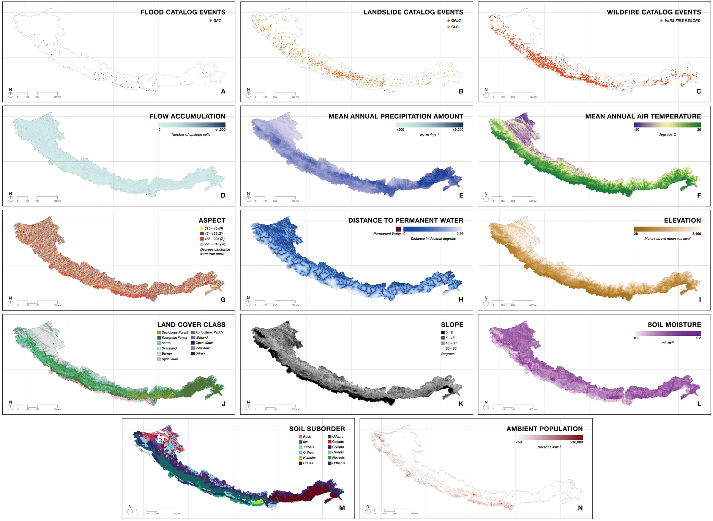 Grid of fourteen maps of the Hindu Kush Himalaya showing flood, landslide and wildfire events and environmental variables — supplementary figure from Jack Rusk's 2022 Science of the Total Environment paper