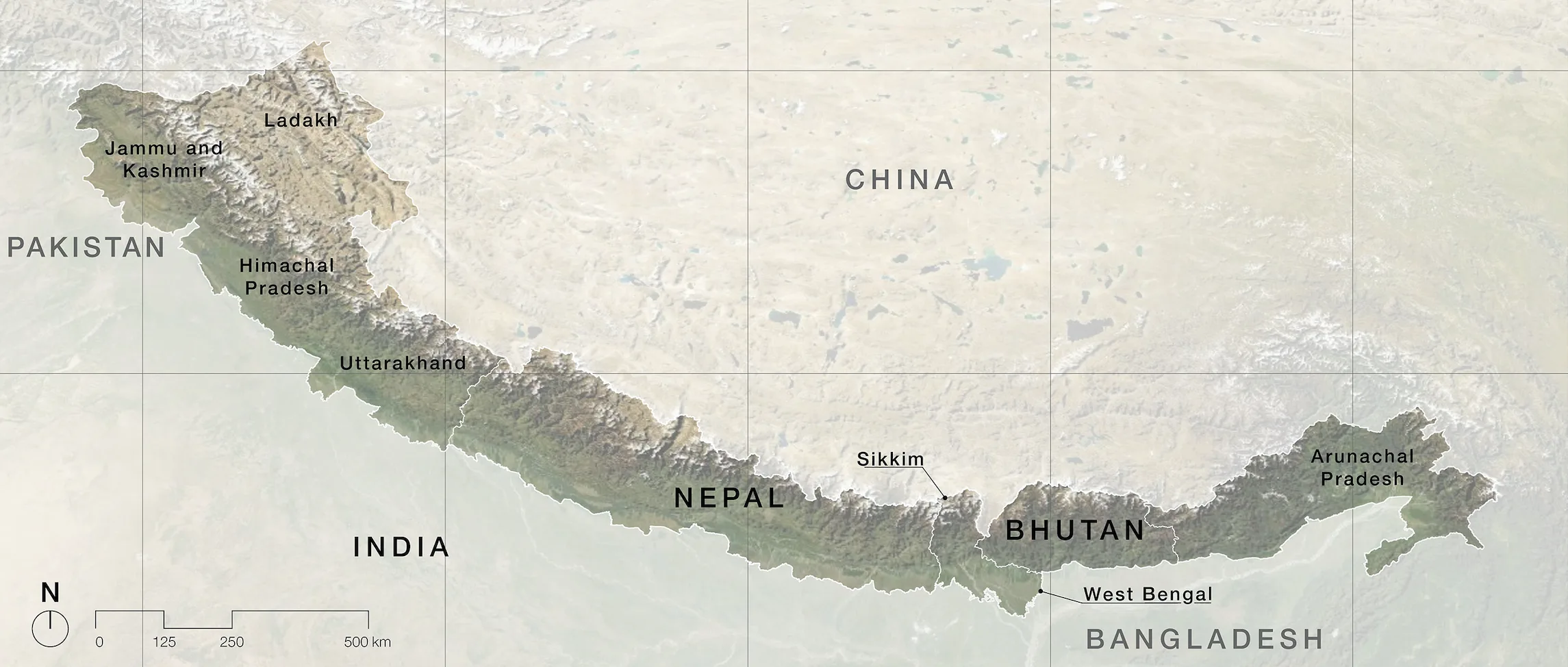 Relief map of the Hindu Kush Himalaya across Pakistan, India, Nepal, Bhutan and China — from Jack Rusk's 2022 Science of the Total Environment paper on multi-hazard susceptibility