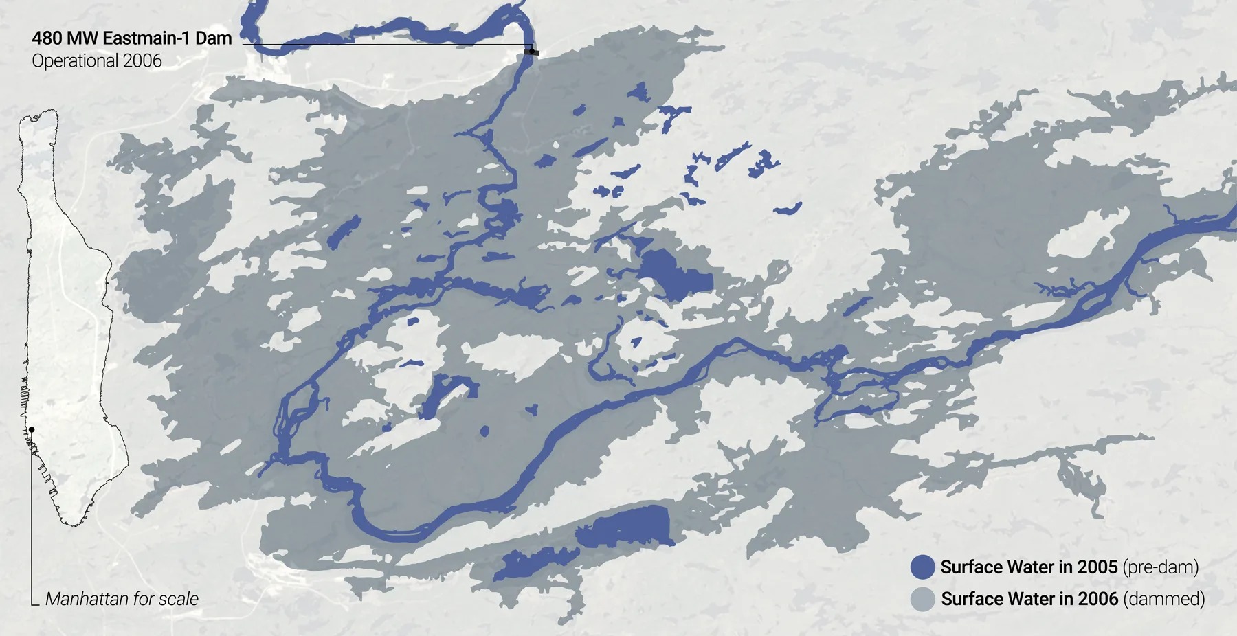Map comparing surface water before and after the 480 MW Eastmain-1 Dam, with Manhattan shown for scale — from Jack Rusk's 2022 Urban Omnibus piece 'Across Currents'